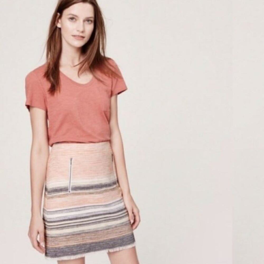 LOFT Pink Grey Stripe Tweed Skirt Fringe Zip Pockets Summer Preppy Casual